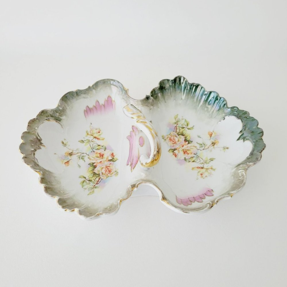 Vintage Victorian Dual Serving Centerpiece Bowl Yellow Rose Green Edge Gold Trim